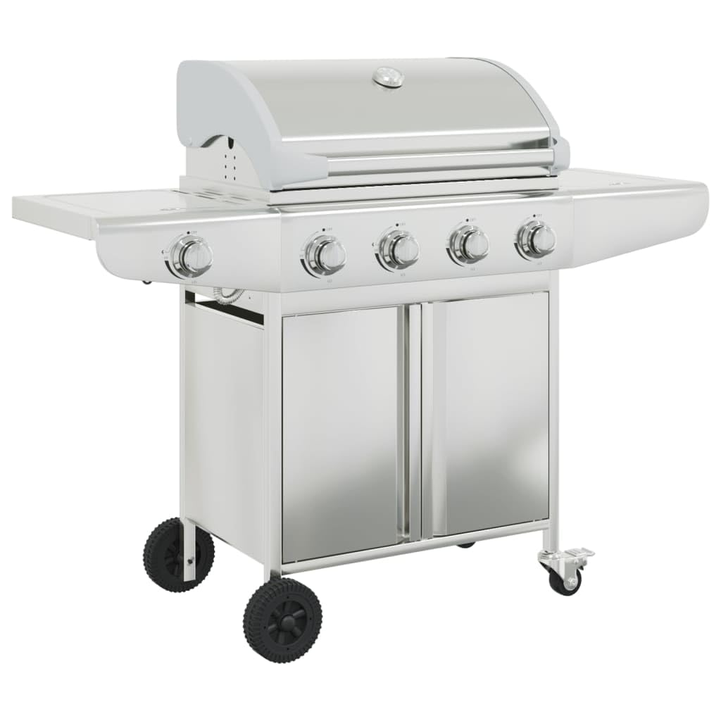 Grill gazowy z 5 płomieniami, 16 kW, stal nierdzewna, wózek ogrodowy z termometrem, półkami bocznymi i kółkami, na taras, do gotowania na świeżym powietrzu