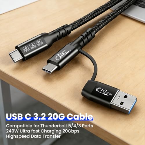 Image of Verilux 2-in-1 PD 240W Type C to C Cable Fast Charging, 3.3Ft Nylon Braided USB A /C to C Cable with Support 10Gbps High-Speed Data Sync, 8K HD Video Output for Thunderbolt 3 /4, iPhone 17 /16 /15 Series