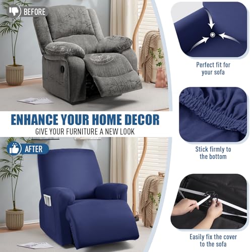 Image of TAOCOCO Stretch Recliner Chair Covers 3-Pieces Solid Furniture Covers Recliner Cover for Reclining Chair Slipcovers Feature Fitted Soft Washable Recliner Sofa Covers (1 Seat, Dark Blue)