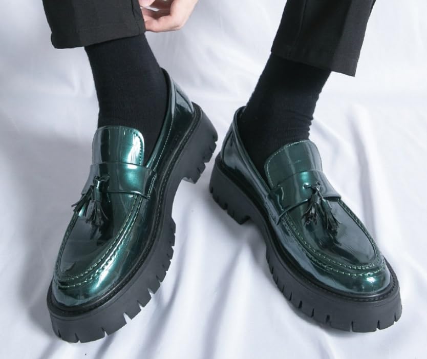Men's Fashion Patent Leather Loafers Tassel Lug Sole Slip-on Casual Shoes Platform Round Toe Outdoor Low Top Non-Slip Business Dress Shoes3