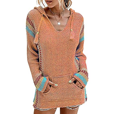 Leezepro Sudadera con capucha para mujer, manga larga, cuello en V, naranja, M Cover