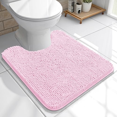 Image of OLANLY Toilet Rugs U-Shaped 20x20, Extra Soft Absorbent Chenille Contour Bathroom Rugs for Toilet, Dry Quickly, Machine Washable, Non-Slip Bath Mat, Pink