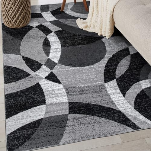 Rugshop Gray Modern Geometric Area Rug, Abstract Circles, High-Traffic, Non-Shedding,