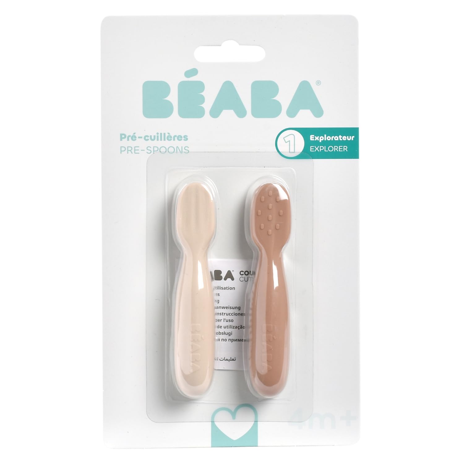 BÉABA, Zestaw 2 łyżek dla niemowląt 1. wieku, silikonowe łyżki do łyżek, sztućce dla niemowląt, od 4 miesięcy, ergonomiczny kształt, różne tekstury, ergonomiczny uchwyt, pralin/glina