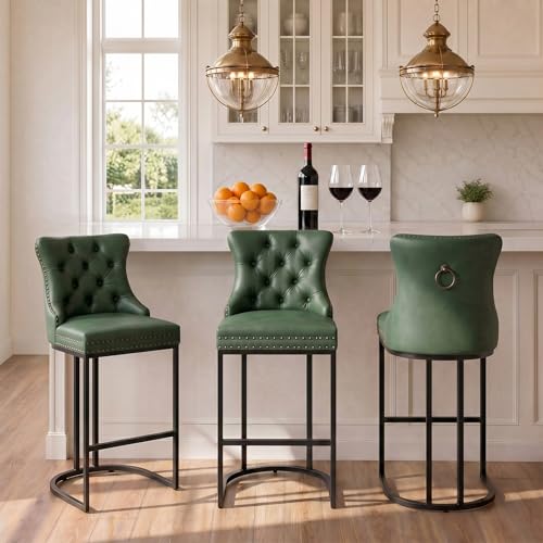 Image of UVV Counter Height Bar Stools Set of 3, 26 inch Modern Barstools with Back, Faux Leather Upholstery Counter Chairs with Metal Legs for Kitchen Island, Bar, Counter, Green