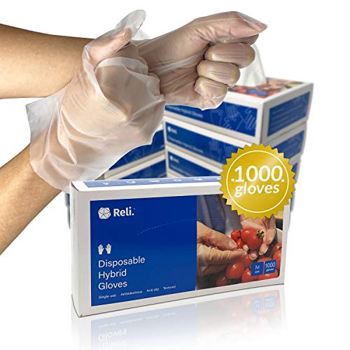 Reli. Disposable Gloves, Medium (1000 Pack Bulk) (M/L/XL Available), Hybrid Plastic Gloves Disposable - Latex Free / Powder Free, Clear Disposable Gloves for Hand Protection / Food Handling (Med)