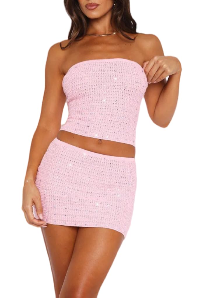 Crochet Knit Sequin Two Piece Skirt Sets Summer Backless Tube Top Mini Skirts Matching Set Women Y2k Going