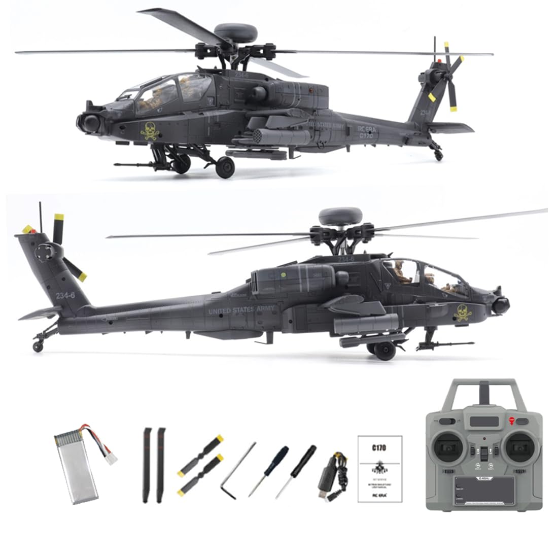 NULA RC-ERA C170 AH-64D - Elicottero radiocomandato, scala 1:48, aereo militare Flybarless, 2,4G 6CH con posizionamento del flusso ottico, mantenimento dell'altezza, motore brushless, volo invertito