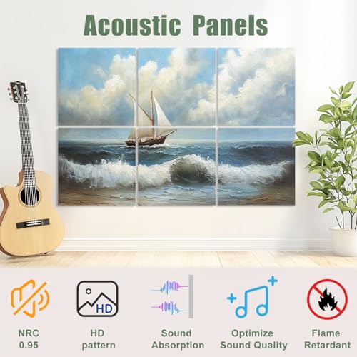 6 Pack Paneles Acústicos Decorativos de Arte Absorbentes de Sonido con Diseño de Paisaje Marino, Paneles Autoadhesivos para Estudios de Grabación y Oficina 72"x48" miniatura 3