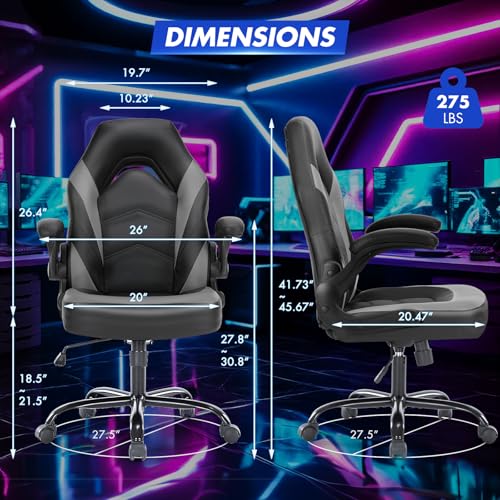 Image of Sweetcrispy Computer Video Game Desk Chair: Ergonomic Comfy Lumbar Support, PU Leather with Flip-up Armrest, Height Adjustable and 360 Swivel, for Adults, Black Grey