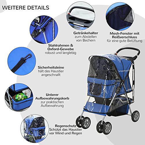PawHut Hundebuggy, Hundewagen mit Regenverdeck, faltbarer Hundetrolley bis 10 kg, Katzenbuggy für kleine Hunde mit Netzfenster, Katzenwagen, Blau, 75 x 45 x 97 cm