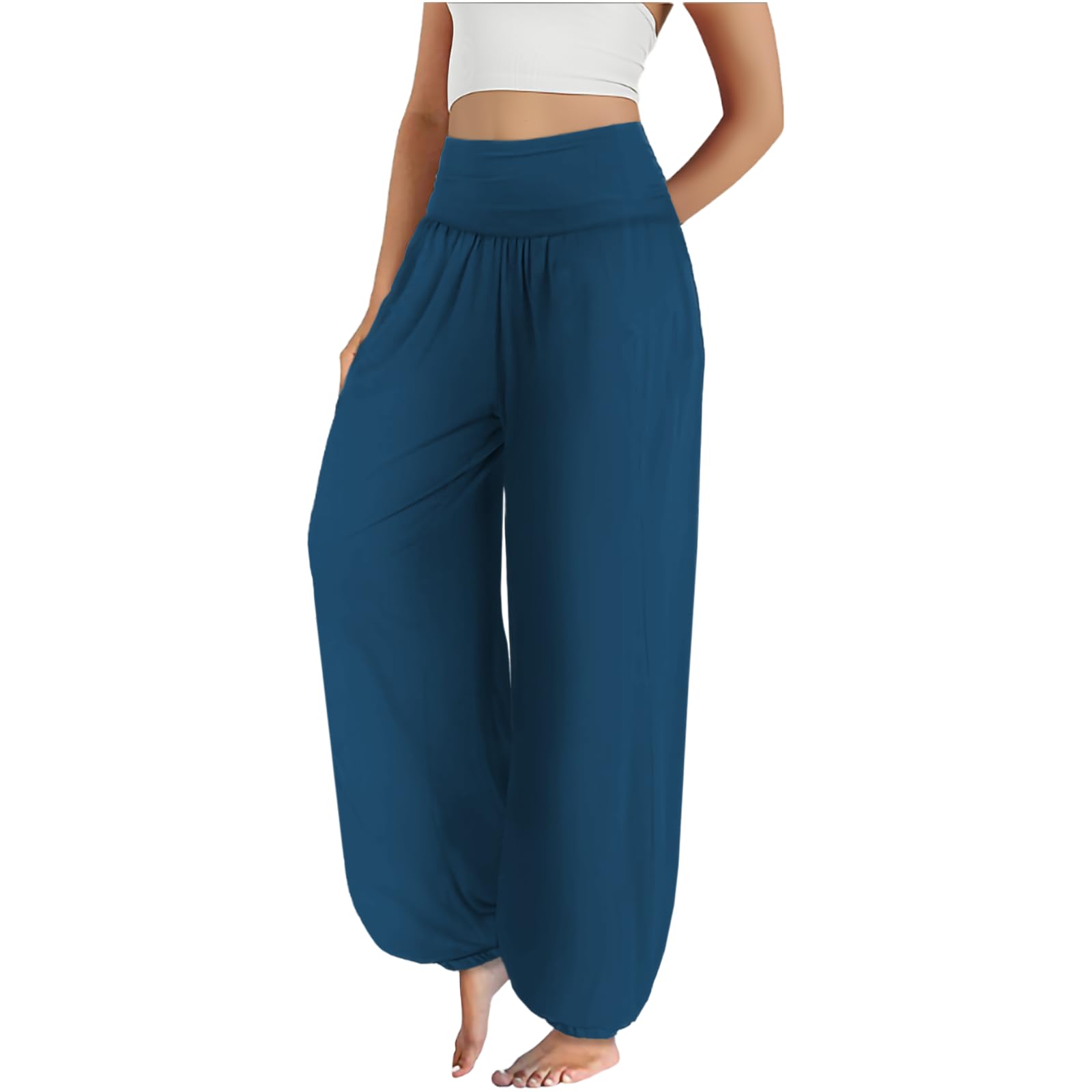 MARSVOVO Trendy Casual Pants for Women Lounge Pants Comfy Elastic High Waisted Yoga Wide Leg Trousers