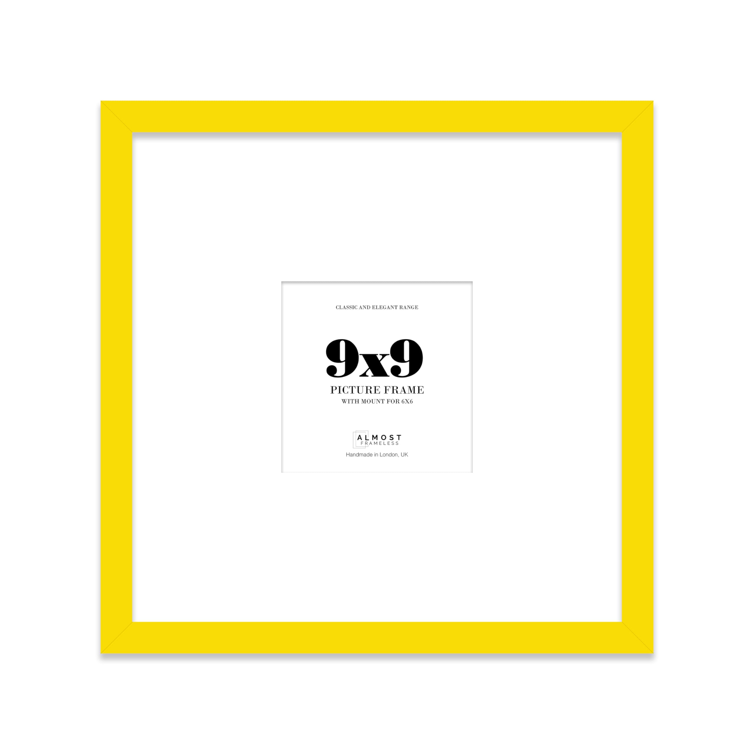 Almost Frameless 9x9 Square Picture Frame, Display Pictures 6x6 With Mat or 9x9 Without Mat, Wall Hanging & Free Standing Photo Frame, Yellow, 1 Pack