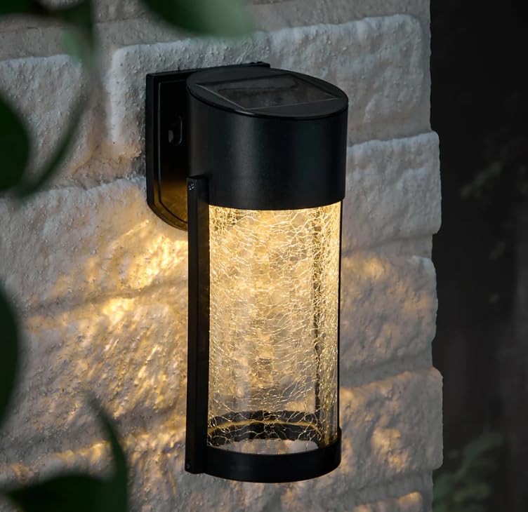 Lights4fun Lyme Crackle Glass Solar Wall Light with Warm White LED, Outdoor Garden Wall Light for Patios, Fences & Entrances