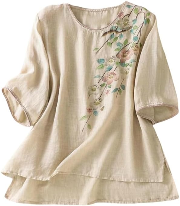 Women's Retro Cotton Linen Blouse Short Sleeve Loose Fit Summer Top