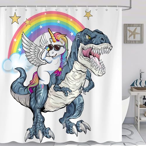 Image of Funny Unicorn Riding Dinosaur Shower Curtain, Cool Cute Cartoon Space Colorful Rainbow Fantasy Galaxy Shower Curtains for Kids Boys Girls Bathroom Set Decor, Waterproof Durable with 12 Hooks, 72x78