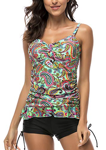 Image of Women's 50's Retro Ruched Tankini Swimsuit Top with Ruffle Hem Tummy Control