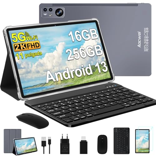 fezawio Tableta Android 13, 11 Pulgadas, 16 + 256 GB, Bluetooth 5.0, 2.4 / 5G WiFi, ratón + Teclado + Funda de Cuero, Gris