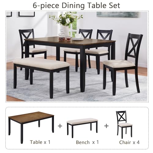 Image of Harper & Bright Designs Dining Table Set for 6 with Bench, 6-Piece Farmhouse Kitchen Set in Black & Oak Two-Tone, Solid Wood Frame Table & 4 Chairs for Dining Room