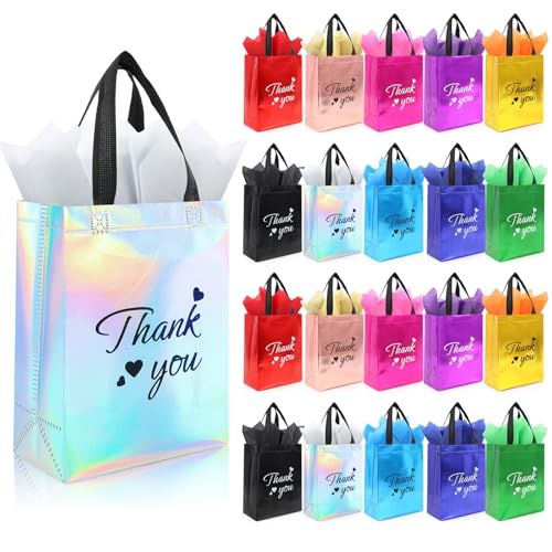 Addblu 60 Pcs Reusable Gift Bags with Handles - Includes 20 Thank You Gift Bags 20 Tissue Papers 20 Cardboard Bases for Employee Appreciation Gifts Bulk Team Staff Teachers Coworkers Business (Mix Color 20PCS)