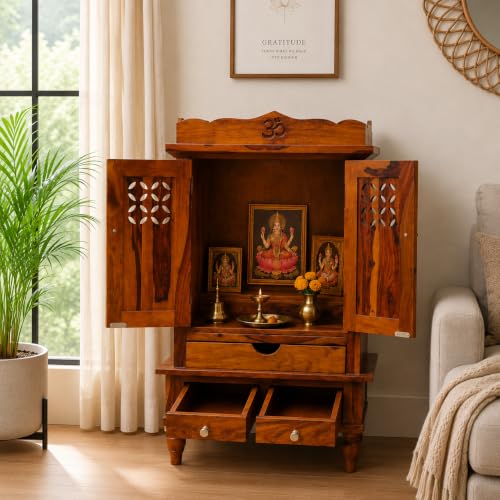 Image of Wudniture Premium Solid Sheesham Wood Pooja Mandir for Home, Office, Living Room & Prayer Room | with Doors, Drawer & Storage Shelf and Legs | Traditional Design | Honey Finish(Aaradhya Temple)