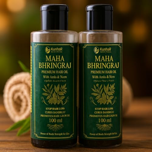 Image of Maha Bhringraj Premium Hair Oil with Amla & Neem - 100 ml (Pack of 2) - Reduces Hair Fall, Cures Dandruff - Ayurvedic Herbal Formula - Power of Roots