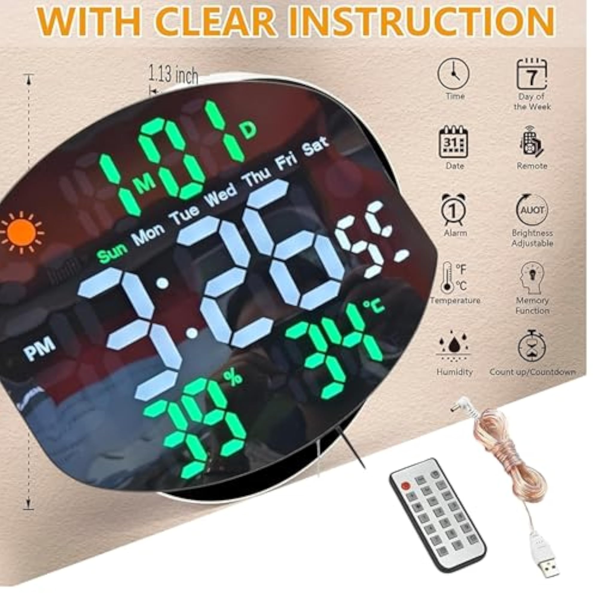 Digital Wall Clock 40x40 cm, Large LED Display