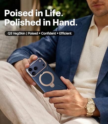 Image of TORRAS Q3 VegSkin for iPhone 17 Pro Max Case Leather, 360 Spin Magnetic Stand, Fit for MagSafe, Camera Control, Shockproof Premium Organic Silicone Leather Phone Case for iPhone 17 Pro Max, Deep Blue