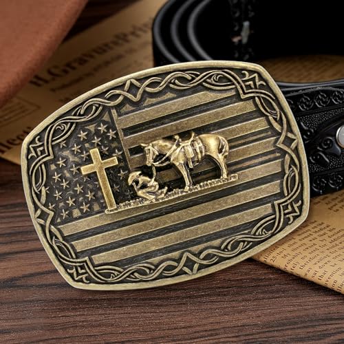 Image of HUABOLA CALYN Long Horn Bull Belt Buckles for Men Women American Flag Texas Star Belt Buckles
