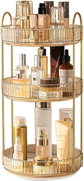 CESTATIVO Organisateur de maquillage, rotatif à 360°, organisateur de cosmétiques, organisateur de soins de la peau pour salle de bain (3 couches, ambre)
