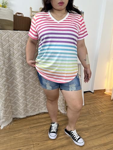 Image of CARCOS Plus Size Tops for Women Short Sleeve Shirts Basic Tee Solid Color Blouse V Neck Tunic Loose Fit Tshirts Summer XL-5XL
