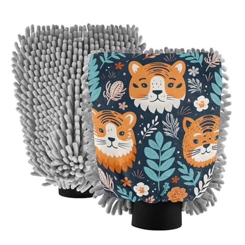 IOACIY Absorbent Microfiber Car Wash Drying Mitts, 2 Pack, Scratch-Free & Lint-Free, Rich Foam, Highly Absorbent, Double Sided, Wash Mitt Perfect for Car Washing, L, Cute Tiger (5)