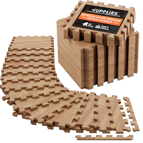 JUPPLIES - Suelo Gimnasio Set 12 Piezas 30x30x1cm - Esterilla Puzzle Fitness de Goma para Suelo - Alfombra Protectora para Gimnasio en Casa - Tatami en Puzzle (12 Piezas Madera)