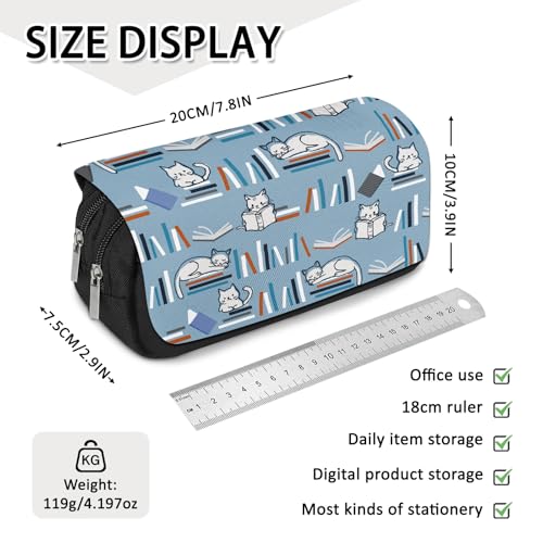 Image of Reading Cat Pencil Case - Book Lover's Large Capacity Pen Pouch, Flip Top Pencil Bag with 2 Zippered Pockets, Cute Literary Design School Supplies for Teens, Library & Study Essentials