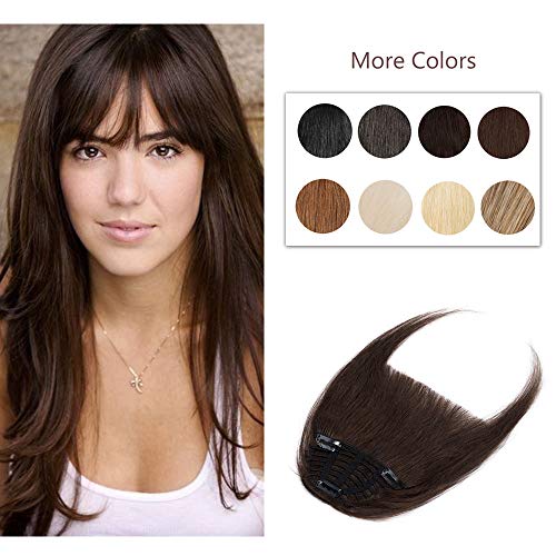 Clip In Human Hair Bangs Natural Real Human Hair Extensions Front Full Neat Bangs With Temple One Piece Clip On Hairpiece Flat Fringe Bangs Hand Tied Straight For Women #2 Dark Brown 25g