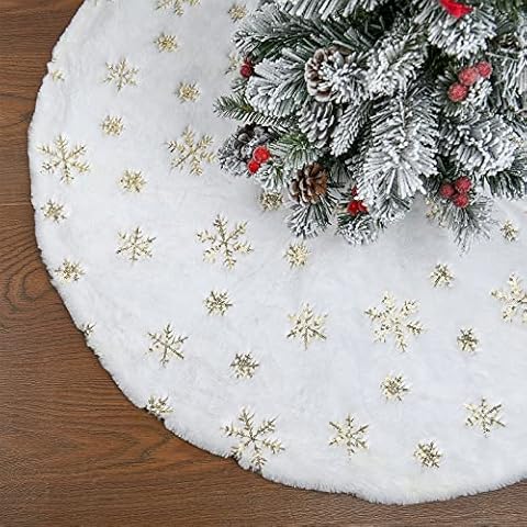 Faux Fur Christmas Tree Skirt,36 inches Luxury Tree Skirt with Gold Snowflake Sequin, Christmas Decorations Holiday Thick Plush Tree Xmas Ornaments（White and Gold,36 Inch） Cover