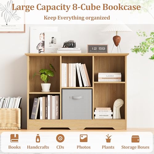 Image of 6 Cube Storage Organizer Shelf, Wood Cubby Storage with 3 Fabric Drawers, 2 Tier Wooden Bookshelf with 2 Adjustable Shelves & Fluted Side Panels for Bedroom, Living Room, Home Office, Wood