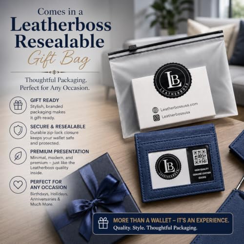 Image of LB LEATHERBOSS Slim Thin Leather Credit Card Triple ID Window Mini Wallet Bifold Driver License Safe (Blue)