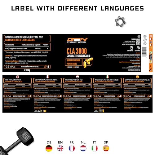 CLA - 240 Kapseln mit jeweils 1000 mg - Hochdosiert mit 3000 mg pro Tagesportion - Laborgeprüft - Konjugierte Linolsäure Fettsäure - Premium Qualität - German Elite Nutrition