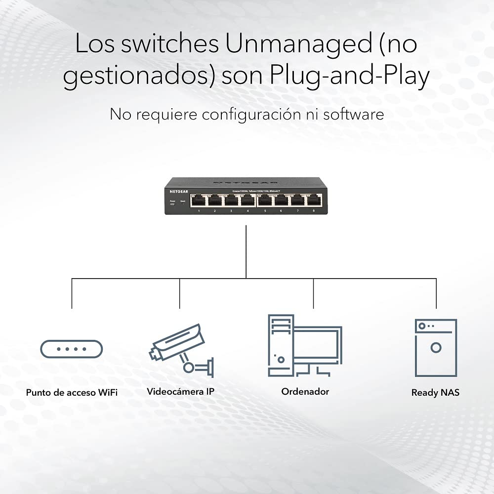 NETGEAR Switch Ethernet, Conmutador no gestionado, ProSAFE, Conmutador Gigabit - GS108GE - Sobremesa - 8 Puertos 10-100-1000 Mbps