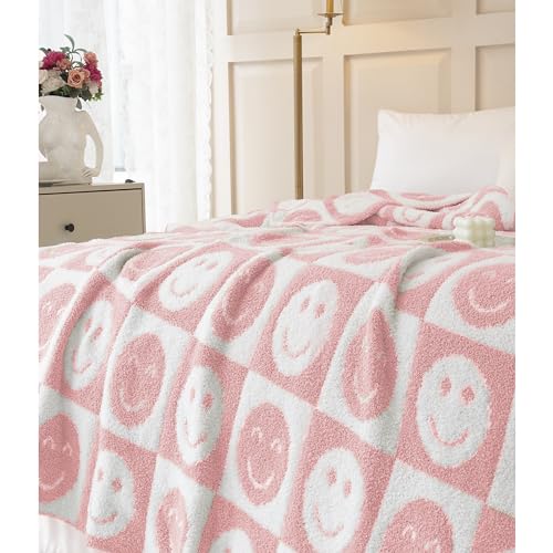Image of Ultra Soft Cozy Happy Smiling Face Checkered Knitted Throw Blanket Fluffy Microfiber Checkerboard Bed Blanket Lightweight Both Sides Blanket for Couch Sofa Bed (Smile Pink, Throw 50 inchx60 inch)