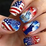 4th of July Press on Nails Short Square Fake Nails 250th Anniversary Independence Day False Nail with Glitter Star & Fireworks Designs Full Cover Gradient Patriotic Acrylic Nails for Women 24 Pcs