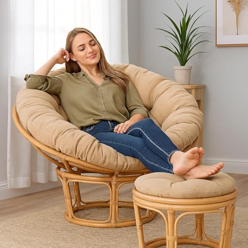 Image of IRA Papasan Tub Chair with Cushion and Stool | Foldable Wooden Accent Chair with Adjustable Backrest | Comfortable Single Seater for Living Room, Bedroom | Stylish Chair with Ottoman (Brown)