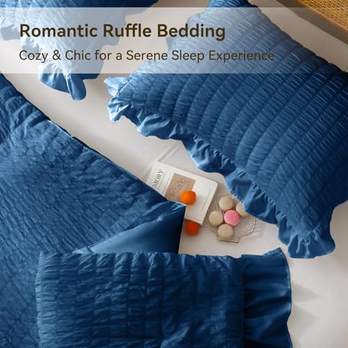 JOLLYVOGUE Teal Queen Comforter Set, 3 Pieces Seersucker Comforters Queen Size, Lightweight & Fluffy Bedding Sets Queen for All Season with 1 Ruffle Comforter and 2 Ruffle Pillowshams