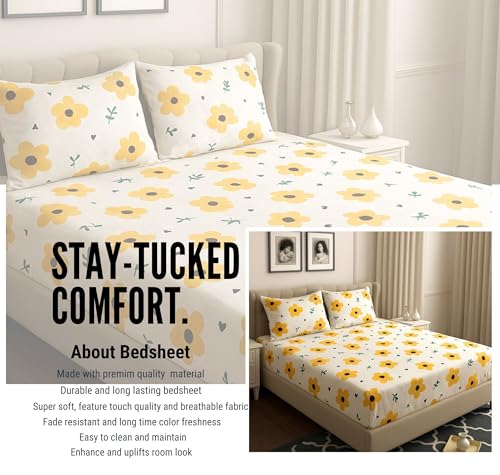 Image of HOMEKART 120 TC Cotton Rich Elastic Corner Fitted Bedsheet with 2 Pillow Covers | Double Bed 72x68+6 Inches | Wrinkle-Free, Super Soft & Breathable Floral Design | Yellow & White