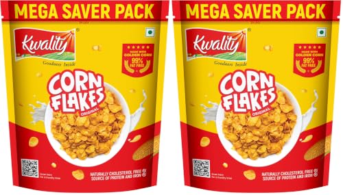 Image of Kwality Corn Flakes 800g | Made with Golden Corns | 99% Fat Free, Natural Source of Vitamin & Iron | High in Protein & Fiber | Healthy Breakfast Cereal (Pack of 2)