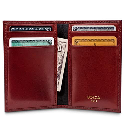 Image of Bosca Men's Leather Card Holder Wallet - Italian Full Grain Vegetable Tanned Credit Card Case - 6 Card Slots, 2 Receipt Wells - Classic Glossy Finish - Gift-Ready Packaging - Dark Brown