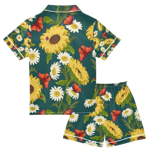 senya Sunflower Daisy Butterflies Satin Summer Pajama Sets Silk Short Sleeve Button Down Sleepwear2