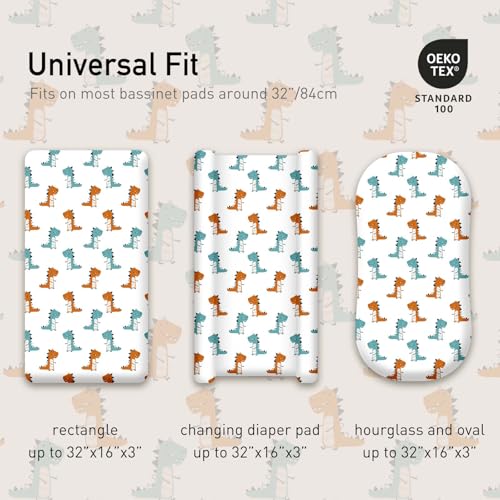 Image of Gllquen Baby Bassinet Sheets 4 Pack, Breathable Cozy Fitted Mattress Sheet | 32 inchx16 inch Soft Baby Sheets for Boys Girls, Compatible with Halo, Snoo, Uppababy, Universal fitted,Baby Gift, Dinosaur