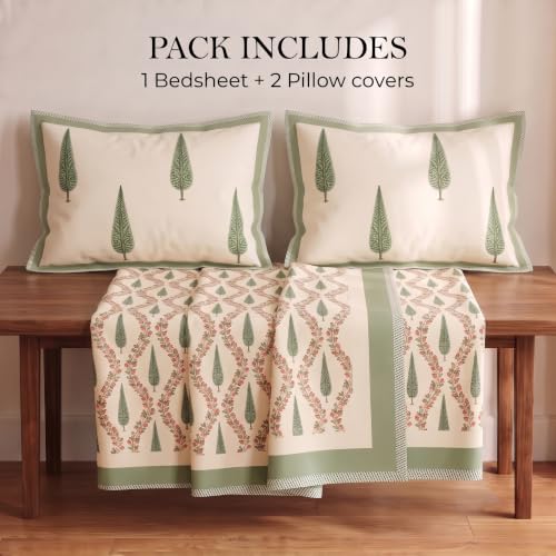 Image of BSB HOME 240 TC Cotton Feel Double Bedsheet with 2 Pillow Covers, Premium Soft Breathable Bed Sheet Set, Fade Resistant, All-Season, Easy Care, 90 x 100 Inches (228 x 254 cm) - Ivory & Olive Green